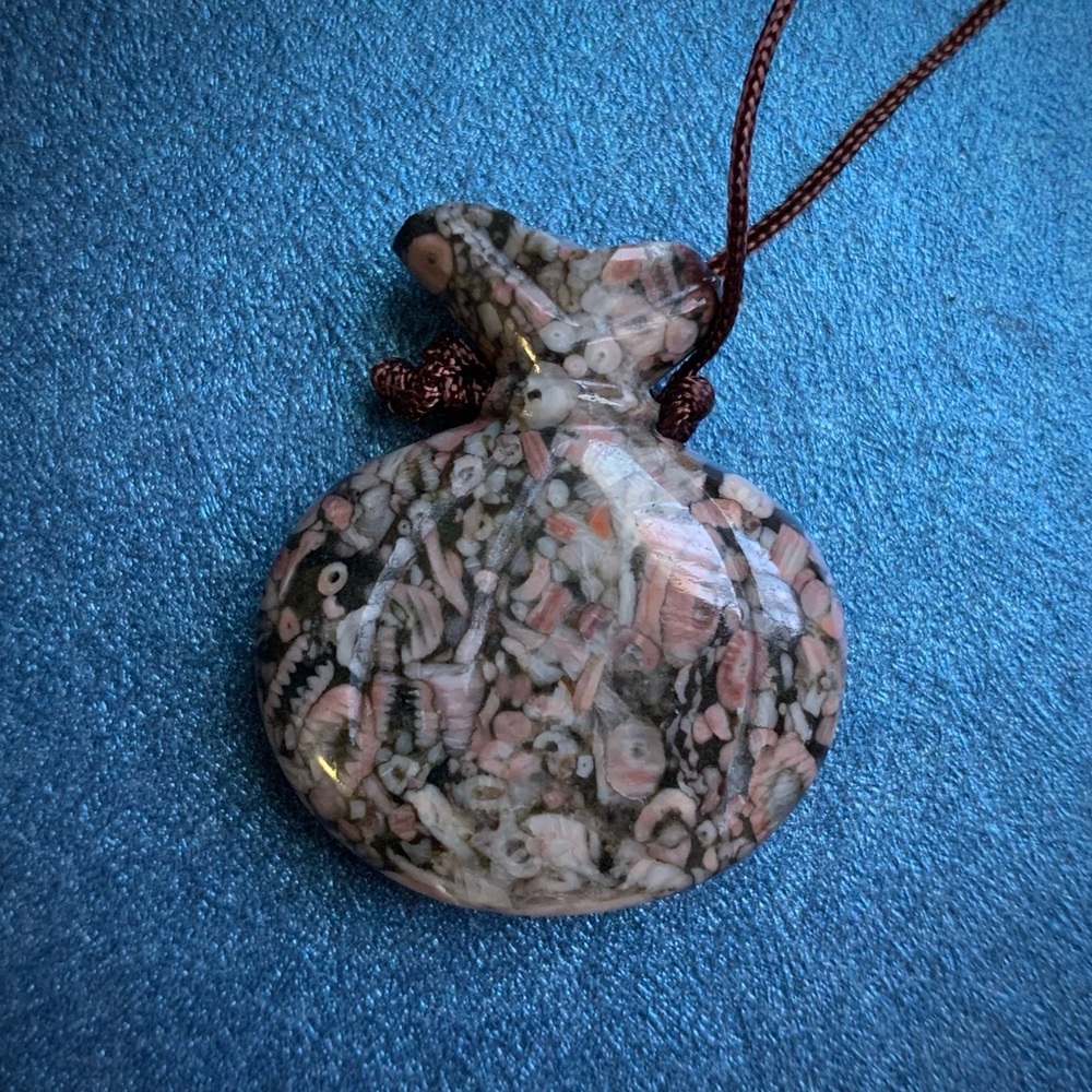 Crinoid fossil carved medicine pouch Sajen